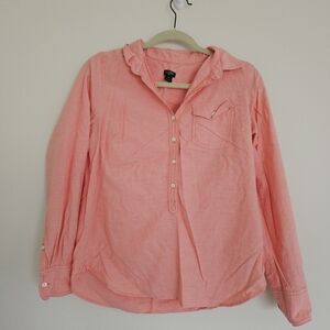 J.Crew Oxford Popover Chambray Shirt Top Small Orange Pink Blouse Summer Henley